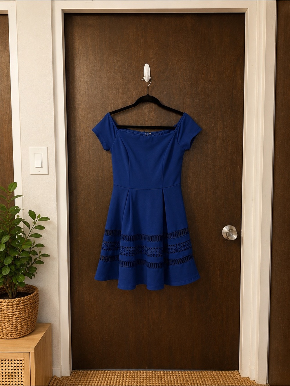 Francesca’s Blue Fit & Flare Dress Lace Trim Off Shoulder Lined Size S